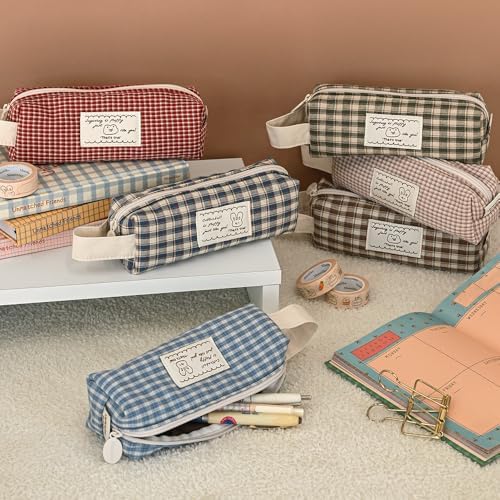 Monolike Unmatched Friends Fabric Check Block Pencil Case, Vintage brown - Aesthetic Gingham Pastel Desk Organizer, Soft Padded Makeup Brush Case, Trendy Minimalist Stationery Pouch - Image 7