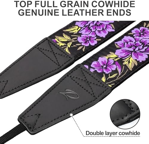 Padwa Lifestyle Purple Rose Camera Strap - 2" Full Grain Leather Ends Camera Straps for Photographers, Vintage Embroidered Cotton Soft Suede Fabric Padded Strap Quick Release fits All Cameras - Image 2