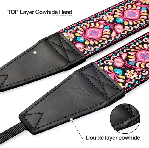 Padwa Lifestyle Pink Flower Camera Strap - 2" Full Grain Leather Ends Camera Straps for Photographers, Vintage Embroidered Cotton Weave Soft Suede Fabric Padded Strap Quick Release fits All Cameras - Image 2