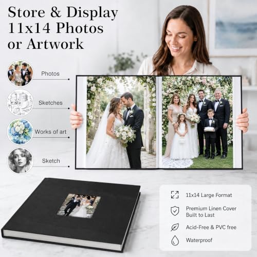 Aevdor 11x14 Photo Album and Art Portfolio, 64 Photos, Linen Cover, Black - Image 2