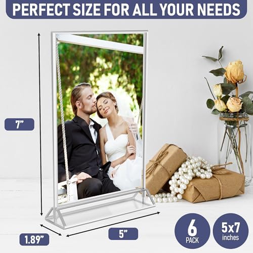 Silver Picture Frames Double-Sided, 6-Pack 5x7 Acrylic Table Number Holders, Clear Easel Stands for Signs, Silver Frames for Wedding Table Numbers, Menu Holders, Photo Displays for Events and Décor - Image 2