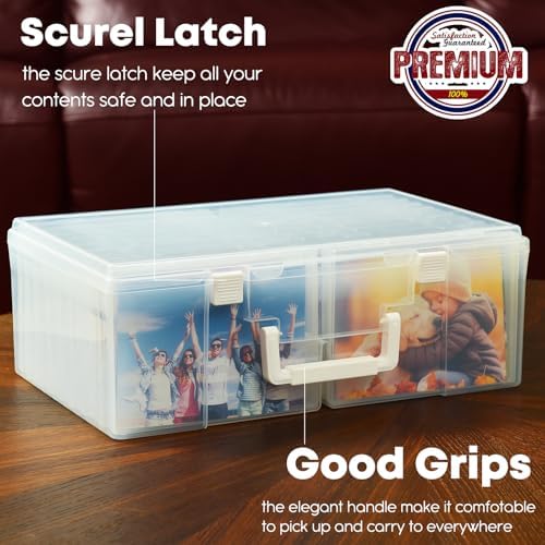 ALINK Photo Storage Box 5" x 7" with Handle, 18 Pcs Clear Photo Containers Organizer and Craft Keeper, Portable Picture Case with Label for Arts, Crafts, Sewing, Stickers, Office Supplies - Image 3
