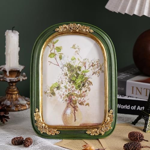 Cuspin Vintage 4x6 Picture Frame Green Gold Arched Resin Frame with Floral - Image 2