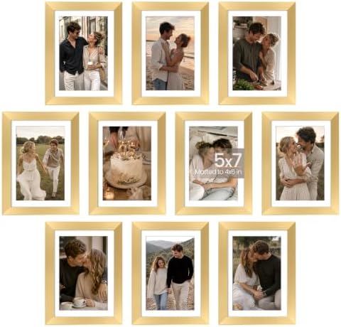 upsimples 5x7 Picture Frame Set of 10, Display Pictures 4x6 with Mat or 5x7 Without, Multi Photo Frames Collage for Wall or Tabletop Display, Gold by upsimples