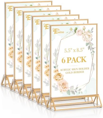 EHWINE 6 Pack Acrylic Sign Holder 5.5 x 8.5, Double Sided Gold Picture Frame Stand up Table Top Sign Holders, Clear Display Stand Menu Flyer Holder for Wedding Party by EHWINE
