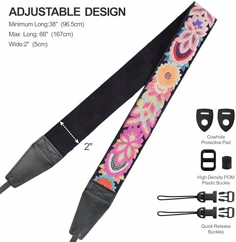 Padwa Lifestyle Colorful Knit Camera Strap - 2" Full Grain Leather Ends Camera Straps for Photographers, Vintage Embroidered Cotton Soft Suede Fabric Padded Strap Quick Release fits All Cameras - Image 6