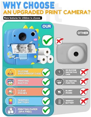 Kids Camera Instant Print with Dinosaur Silicone Case – 1080P Digital Toddler Camera, 3 Rolls Print Paper, Birthday for Boys Girls Age 3-8 (Blue) - Image 3