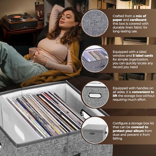 Sturdy Vinyl Record Storage Box - Album Storage Holds up 50+ Single Record, LP Storage Organizer Crate With Lid, Decorative Moving Box For Records, Solutions to Protect Your Precious Collection Grey - Image 4