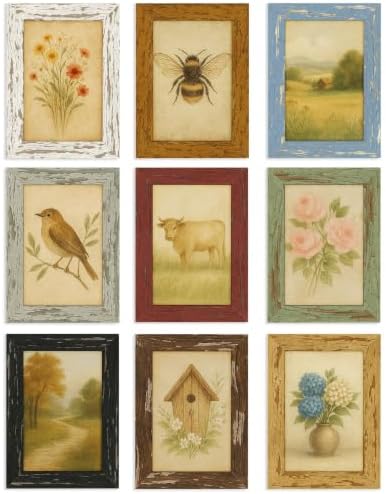 4x6 Rustic Farmhouse Picture Frames with Vintage Prints, Set of 9 by PUTHIAC