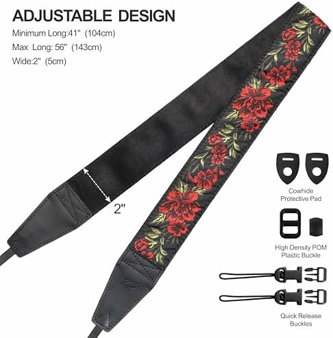 Padwa Lifestyle Camera Strap - 2" Full Grain Leather Ends Camera Straps for Photographers, Vintage Embroidered Cotton Weave Soft Suede Fabric Padded Strap Quick Release fits All Cameras - Image 6