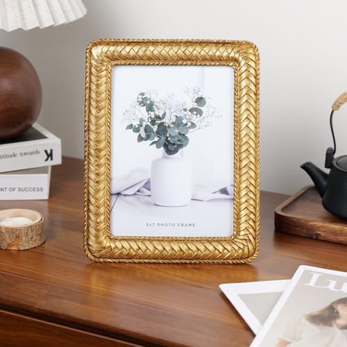 Cuspin 5x7 Gold Picture Frame Vintage Decorative Rattan Resin Photo Frame - Image 2