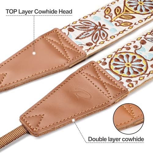 Padwa Lifestyle Camera Strap - 2" Full Grain Leather Ends Camera Straps for Photographers, Vintage Embroidered Cotton Weave Soft Suede Fabric Padded Strap Quick Release fits All Cameras - Image 2