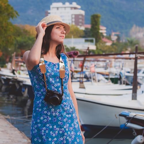 Padwa Lifestyle Blue Crane Camera Strap - 2" Cowhide Leather Head Cotton Camera Straps for Photographers,Vintage Japanese Art Print Adjustable Neck & Shoulder Strap for ALL DSLR/SLR Cameras - Image 3