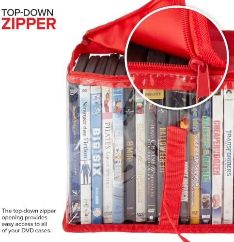 Stock Your Home DVD Storage Bags (Set of 2) Media Organizer Bag for DVDs, CDs, Blu Ray Disc, Movie Cases, VHS Box, Video Game Disks, Clear Plastic Holders with Carrying Handles and Zipper - Red - Image 4