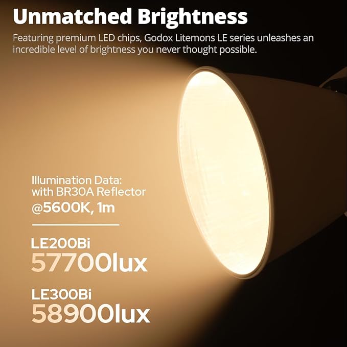 Godox LE200Bi 220W Bi-Color COB LED Video Light with Bowens Mount, 2800K-6500K, CRI/TLCI≥98, 0-100% Dimming, 11 FX Modes, Bluetooth/DMX Control for Studio Streaming | 2800K-6500K,57700 LUX,CRI/TLCI≥98,11 FX,APP Control,for Photography,Live Streaming - Image 3