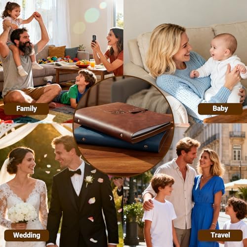 Vintage PU Leather DIY Scrapbook, 6-Ring Refillable 180° Lay Flat Photo Album Holds 220 4x6 Photos, 25 Blank Pages, Gift for Wedding Baby Travel Family - Image 7