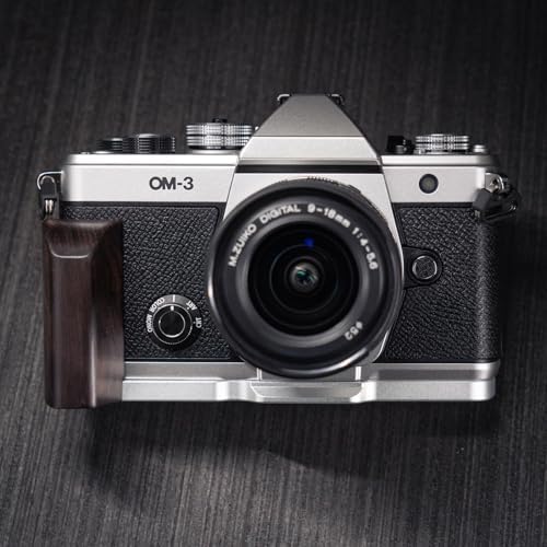 Handmade Wooden Handle Grip L Plate Alloy Base for OM System OM-3 Camera (Ebony + Silver Base) by CAMINSTARRY