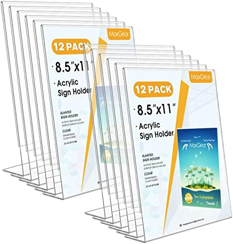 MaxGear Acrylic Sign Holder, 8.5 x 11 Slant Back Display Stand, 12 Pack by MaxGear