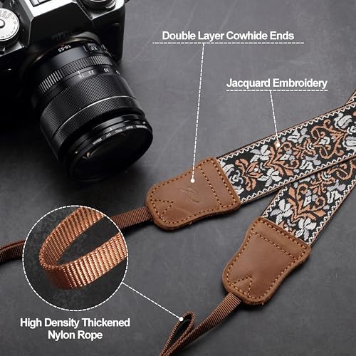 Padwa Lifestyle Camera Strap - 1.5" Crazy Horse Cowhide Head Cotton Strap,Vintage Embroidery Camera Straps for Photographers and All Cameras,Cute Adjustable Shoulder Neck Strap for Adults & Kids - Image 4