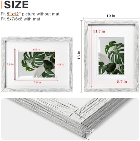 Egofine 9x12 Picture Frames Set of 4, Made of Solid Wood Covered by Plexiglass 5x7 and 6x8 with Mat or 9x12 without Mat, for Table Top Display and Wall Mounting Photo Frame Driftwood White - Image 3