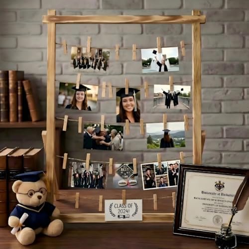 2026 Graduation Decorations Freestanding Wooden Photo Display Board with Clips - Class of 2026 Graduation Centerpiece Table Decorations,Large Picture Frame Collage Holds 30+ Photos (Carbonized Brown) - Image 3
