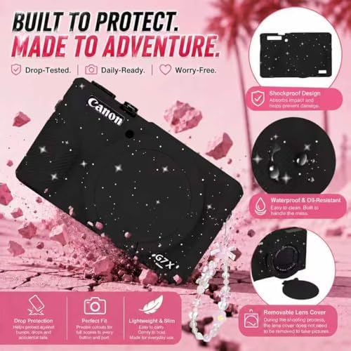 Cute Camera Case for Canon G7X Mark III,Silicone Protective Cover with Removable Lens Cap,Bracelet Wrist Strap & 2 Pack Tempered Glass Screen Protector for Women (Blcak Star) - Image 6