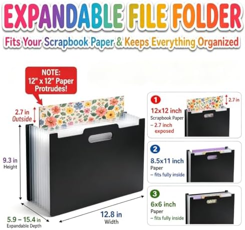 12x12 Scrapbook Paper Storage Organizer, Expandable 13 Pocket Desktop Paper Organizer Storage for Scrapbook Essentials, Large Scrapbook Storage for Photos, Washi Tape, Sticker (Black) - Image 2