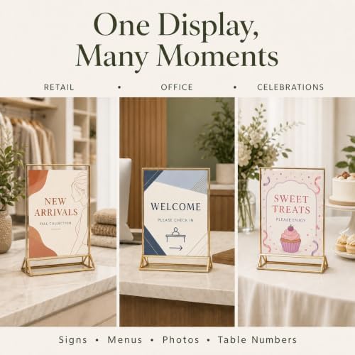 8 Pack Acrylic Sign Holder 8.5x11 Gold Frames, Wedding Table Number Holders Double Sided Vertical Clear Display Stand, Picture Holders for Tables, Menus, Flyers, Party and Office Decor - Image 7