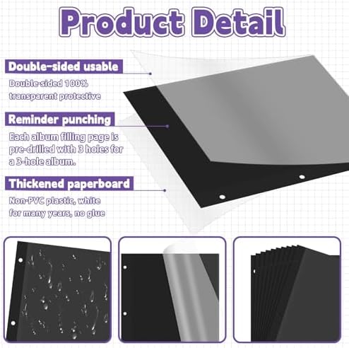 VOKOY 60 Sheets/120 Pages Photo Album Pages for 3 Ring Binder, Black Self Adhesive Scrapbooking Album Refill Pages Replacement Photo Album Sheets for 2x3 4x6 5x7 8x10 Photo or Cards, 11 x 9 Inch - Image 3