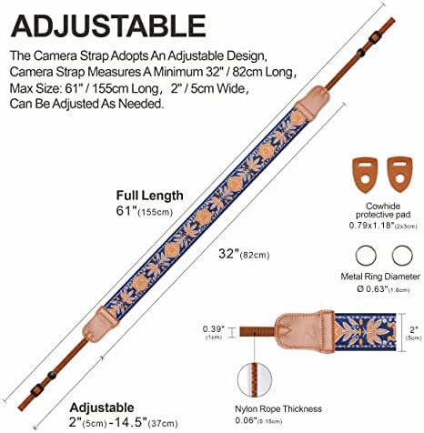 Padwa Lifestyle Camera Strap - 2" Cowhide Leather Head Cotton Camera Straps for Photographers,Adjustable Neck Shoulder & Crossbody Embroidered Cotton Padded Strap for ALL DSLR/SLR Cameras - Image 4