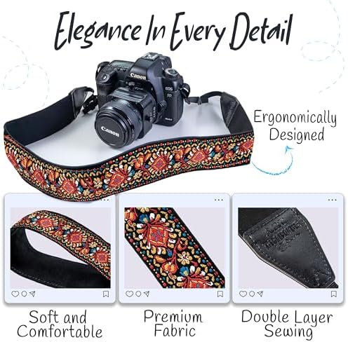 Art Tribute Camera Strap - Shoulder, Crossbody & Neck Camera Strap for Photographers, Fits All Cameras, Canon Nikon Sony Fujifilm, Padded Strap W/Quick Release, Embroidered Cotton & Leather Ends, Red - Image 3