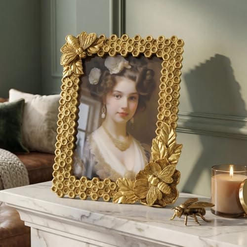Cuspin Gold 5x7 Picture Frame Bee Floral Honeycomb Vintage Resin Frame - Image 2