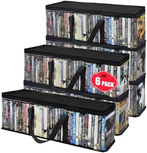 DVD Storage Bags, 6 Pack Holds 240 DVDs (40 Each), Water Resistant Clear PVC Case Holder Organizer with Handles, Stackable Media Storage for Blu Ray, CDs, Video Games by PUTNATRUE