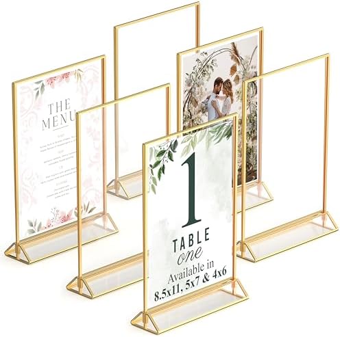 Gold Picture Frames Double-Sided, 6-Pack 5x7 Acrylic Table Number Holders, Clear Easel Stands for Signs, Gold Frames for Wedding Table Numbers, Menu Holders, and Photo Displays for Events and Décor by DasherProducts