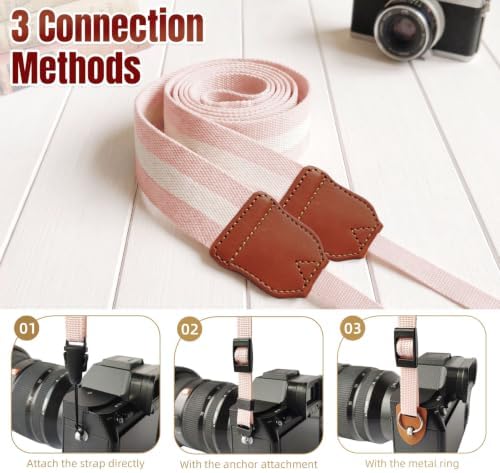 Pink Camera Strap Cute, Adjustable Woven Camera Neck&Shoulder Straps for Canon, Fujifilm, Sony, Nikon, Minolta, Panasonic DSLR(Striped Pink) - Image 3