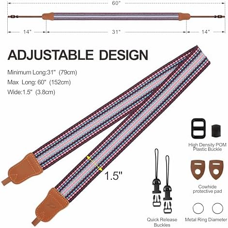Padwa Lifestyle Striped Purple Camera Strap - 1.5" Soft Cotton Rope Weave Crazy Horse Cowhide Head Camera Straps for Photographers and All Cameras,Cute Adjustable Vintage Woven Strap for Adults&Youth - Image 6