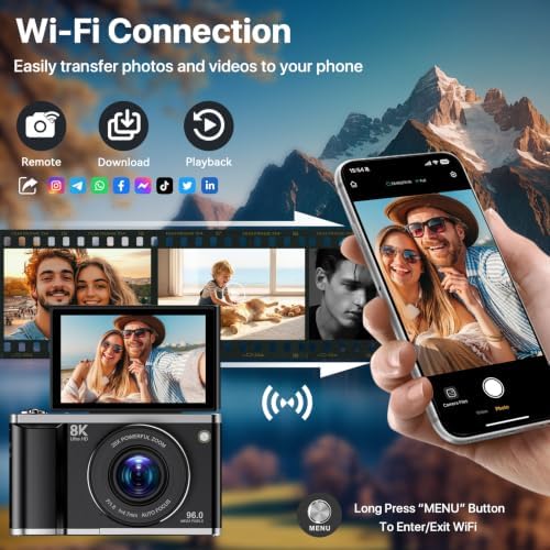 8K Digital Camera for Photography with WiFi 96MP Autofocus Vlogging Camera for YouTube Video 3.5'' 180°Flip Screen 20X Zoom Anti-Shake Compact Point and Shoot Cameras for Beginner Creator with SD Card - Image 4