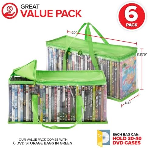 Stock Your Home DVD Storage Bags (Set of 6) Media Organizer Bag for DVDs, CDs, Blu Ray Disc, Movie Cases, VHS Box, Video Game Disks, Clear Plastic Holders with Carrying Handles and Zipper - Green - Image 2