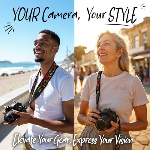 Camera Strap - Shoulder, Crossbody & Neck Camera Strap for Photographers, Fits All Cameras, Canon Nikon Sony Fujifilm, Padded Strap W/ Quick Release, Embroidered Cotton & Leather Ends, Red Roses - Image 2