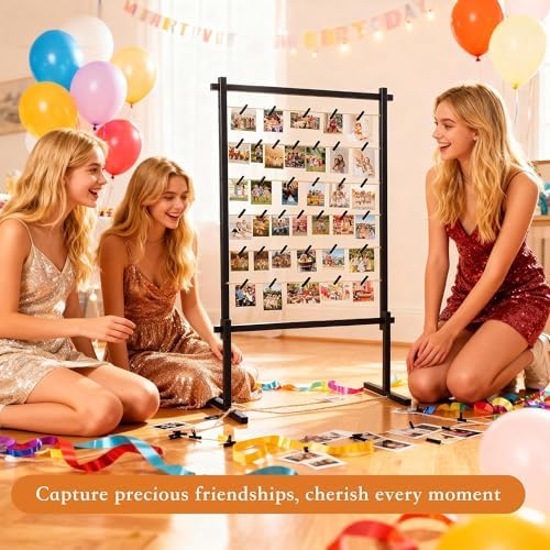 Collage Picture Frame,Photo Display Board with Clips,Wood Pictures Photos Frames With Stand for Wedding Graduation Party Birthday Greeting Letter Christmas Cards Holder Organizer,2PCS,53",Black - Image 2