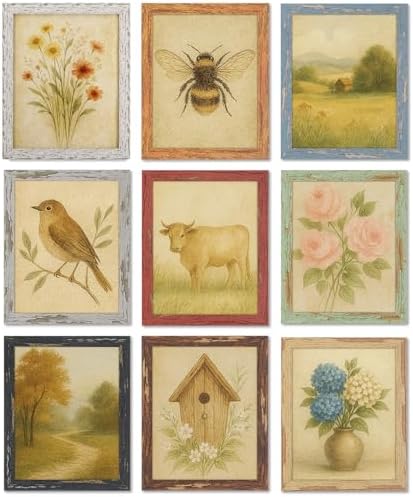 8x10 Rustic Farmhouse Picture Frames with Vintage Prints, Set of 9 by PUTHIAC