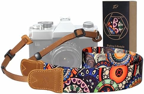 Padwa Lifestyle Camera Strap - 1.5" Soft Nylon Print Crazy Horse Cowhide Head Camera Straps for Photographers and All Cameras,Cute Adjustable Vintage Woven Strap for Adults & Kids(Bohemian Bloom) by PadwaLifestyleCameraStrap