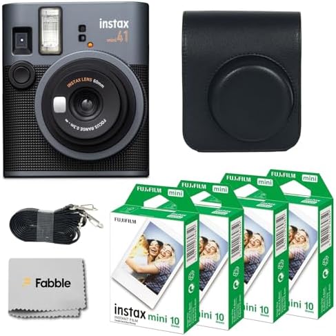 Fujifilm Instax Mini 41 Instant Film Camera Bundle with Groovy Case for Fuji Instax Mini 41, Twin Pack Film (40 Sheets) and Cleaning Cloth – Black (5 Items) by FUJIFILM