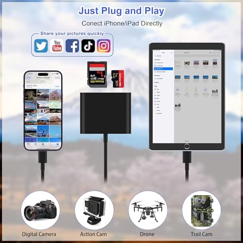 SD Card Reader for iPhone, Memory Card Reader with USB-C to Light-ning Adapter Plug and Play Trail Game Camera Micro SD Card Viewer Support SD/TF Card and USB for iPad No App Required (Black) - Image 3