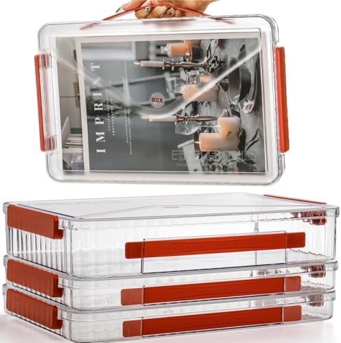 Set of 3 Portable Paper Storage Box Organizer, 9" X 13" Clear Plastic File Storage Box with Lids, Stackable Document Box Project Case for Organizing A4 File Paper, School Supply, Craft by Mezchi