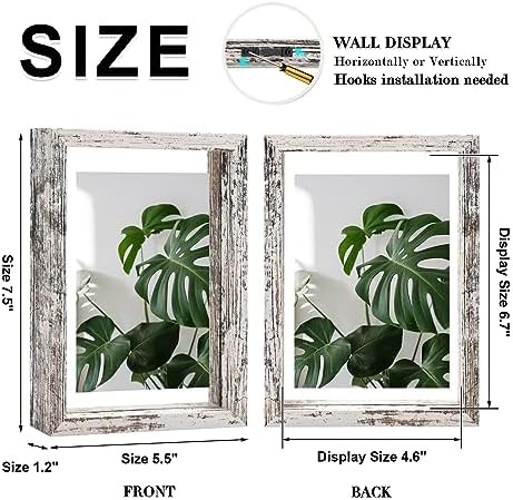 Egofine Distressed White 5x7 Floating Frames Set of 2, Double Plexiglass Picture Frame, Made of Solid Wood Display Any Size Photo up to 5x7, Wall Mount or Tabletop Standing - Image 2