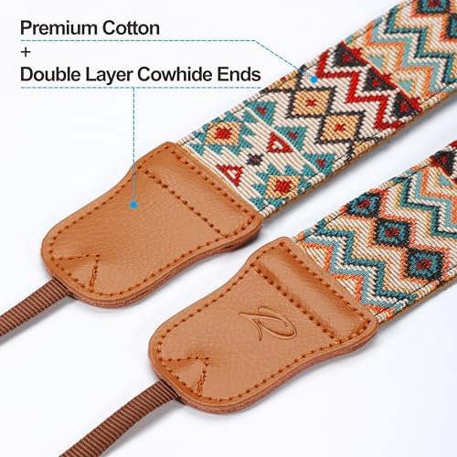 Padwa Lifestyle Cool Ethnic Style Apricot Camera Strap - 2"Cowhide Head Camera Straps for Photographers,Vintage Jacquard Embroidery Woven Cotton Adjustable Shoulder Neck Straps for Cameras,Binoculars - Image 3