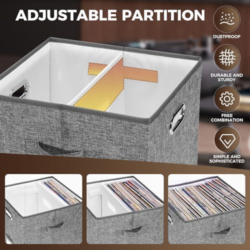 Sturdy Vinyl Record Storage Box - Album Storage Holds up 50+ Single Record, LP Storage Organizer Crate With Lid, Decorative Moving Box For Records, Solutions to Protect Your Precious Collection Grey - Image 3