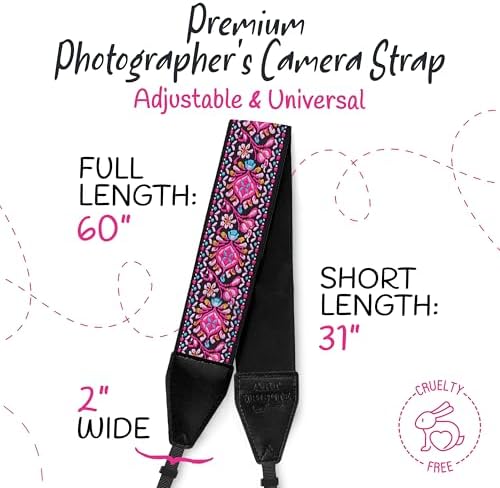 Camera Strap - Shoulder, Crossbody & Neck Camera Strap for Photographers, Fits All Cameras, Canon Nikon Sony Fujifilm, Padded Strap W/ Quick Release, Embroidered Cotton & Leather Ends, Pink - Image 5