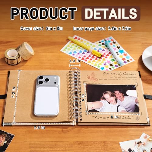 8x8 Scrapbook Kit, Photo Album DIY Scrapbook with 40 Pages Thick 250gsm Kraft Paper, Metal Corner Protectors, 3D Interactive Elements & Glue Pen for Wedding, Anniversary & Baby, Brown - Image 4